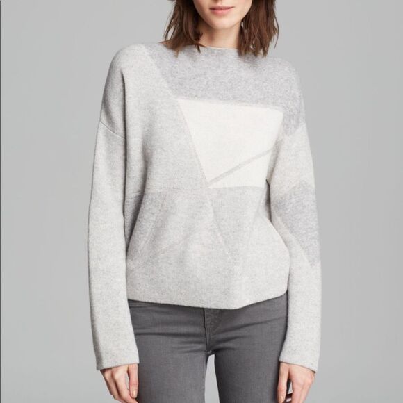 Vince Sweaters - Vince Wool Cashmere Abstract Jacquard Boatneck Sweater Grey Cream S